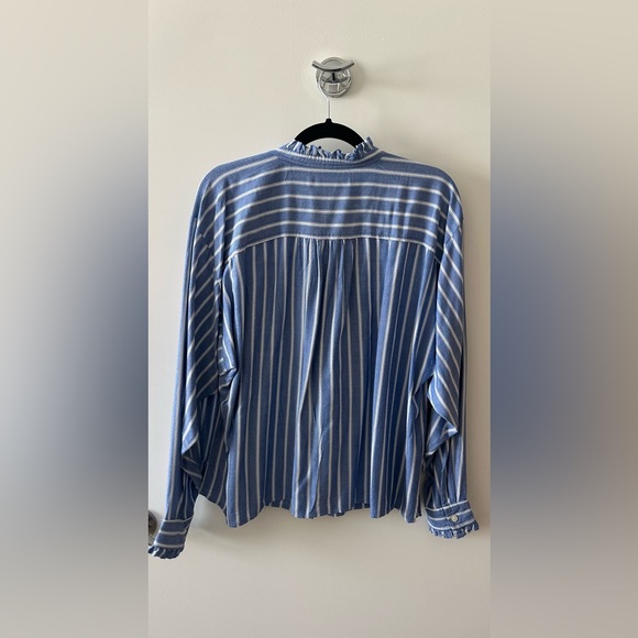 LOFT Blue and White Striped Ruffle Trim Shirt - Picture 3 of 7